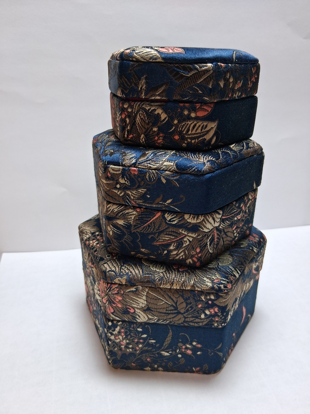 Set Of Nesting Fabric Jewelery Boxes Wraped In Embrodered Brocade Floral Fabric